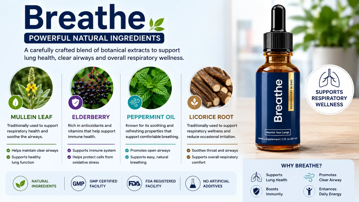 Breathe botanical ingredients — Mullein Leaf, Elderberry, Peppermint Oil, Licorice Root